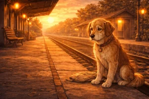Loyal dog waiting alone at a railway station platform in a moral story illustration