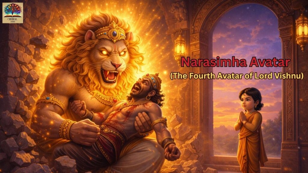 Narasimha-Avatar-protecting-Prahlad-–-Dashavatara-Story-for-Kids-in-English-1024x576 Dashavatara Story for Kids in English: 10 Divine Avatars of Lord Vishnu with Powerful Moral Lessons