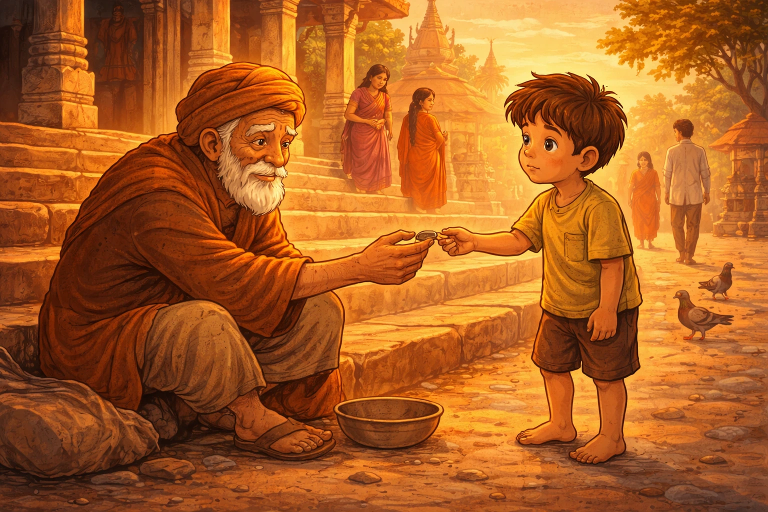 Old beggar giving his only coin to a hungry child in a moral story illustration