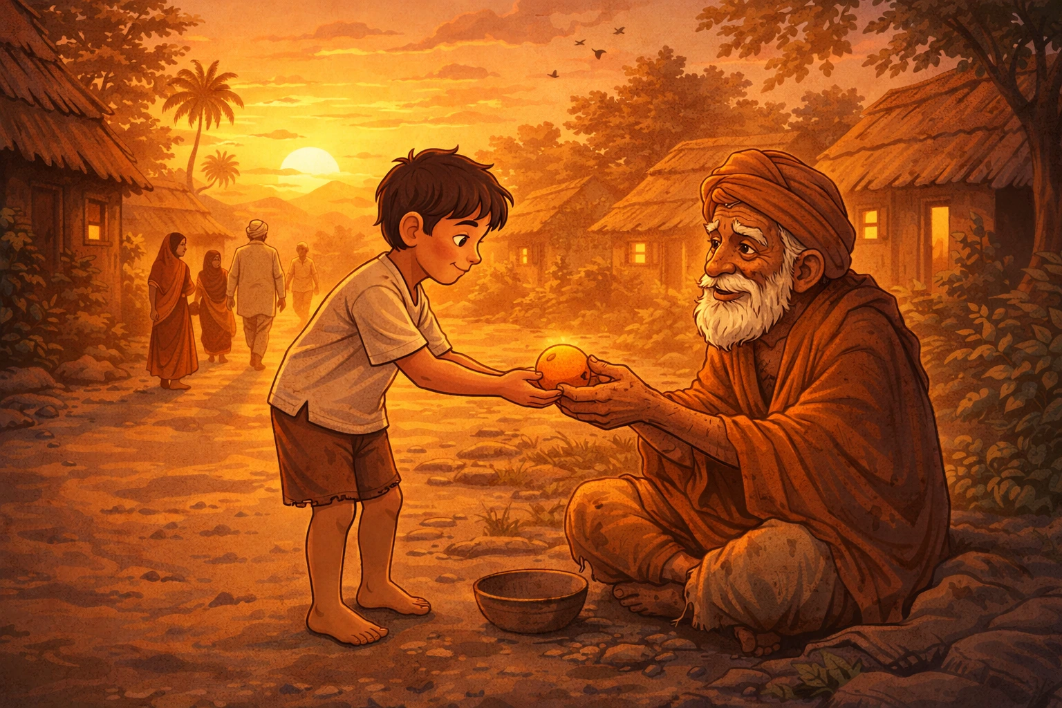 Poor boy giving his only orange to an old beggar in a moral story illustration