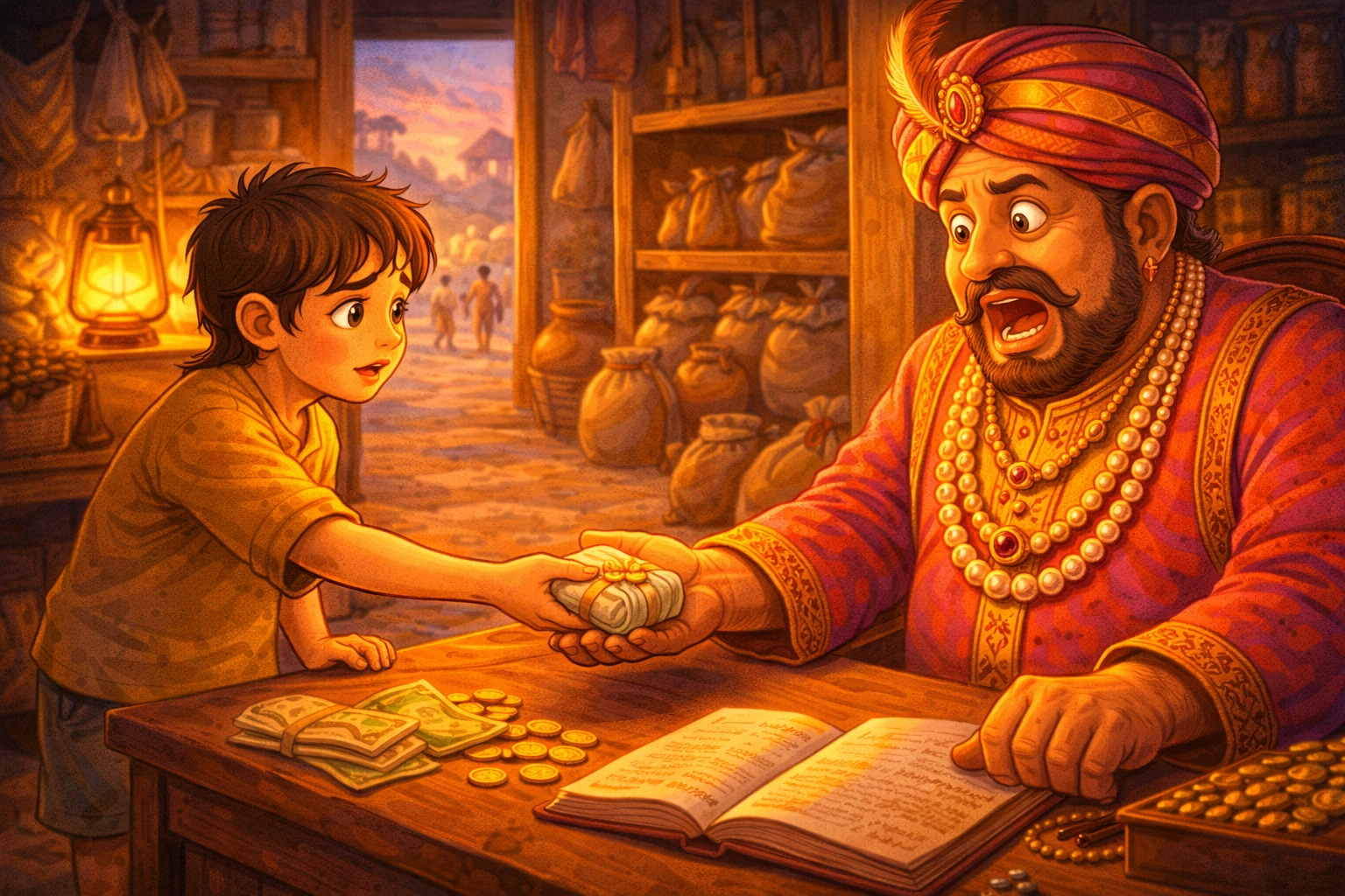 Poor boy paying his father’s debt to a shocked moneylender in a moral story illustration