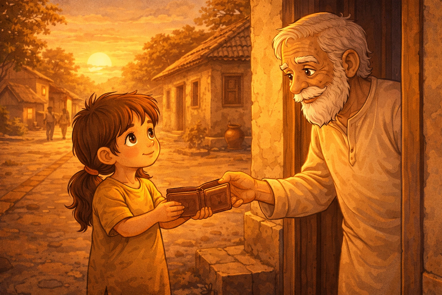 Poor little girl returning a lost wallet to an old man in a moral story illustration