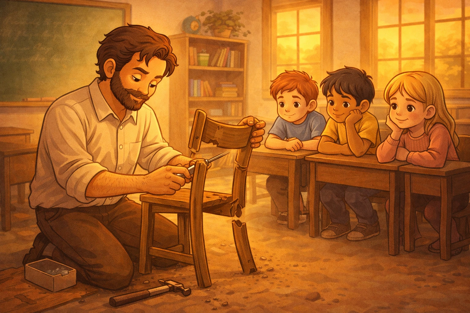 Silent teacher fixing a broken chair while students watch in a moral story illustration