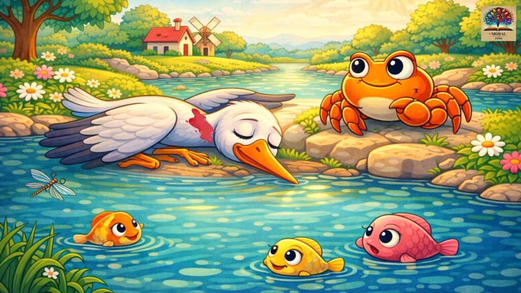 The-Crane-and-the-Crab-Story-in-English-–-brave-crab-stands-near-defeated-crane-as-fish-watch-peacefully-in-the-pond-1024x576 The Crane and the Crab Story in English – A Powerful Moral Lesson for Kids