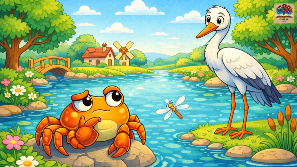 The-Crane-and-the-Crab-Story-in-English-–-clever-crab-watching-the-crane-near-the-pond-1024x576 The Crane and the Crab Story in English – A Powerful Moral Lesson for Kids
