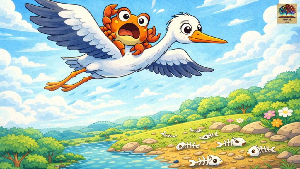 The-Crane-and-the-Crab-Story-in-English-–-crane-flying-with-crab-danger-revealed-1024x576 The Crane and the Crab Story in English – A Powerful Moral Lesson for Kids