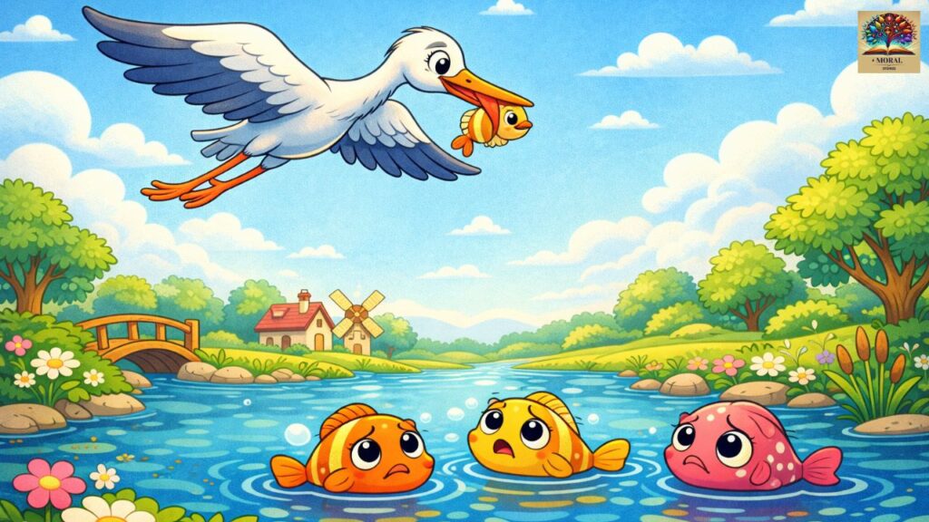 The-Crane-and-the-Crab-Story-in-English-–-crane-flying-with-fish-in-beak-dramatic-moment-1024x576 The Crane and the Crab Story in English – A Powerful Moral Lesson for Kids