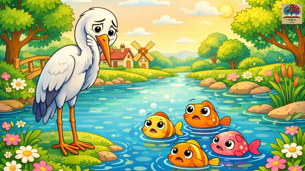 The-Crane-and-the-Crab-Story-in-English-–-crane-talking-to-fish-near-the-pond-1024x576 The Crane and the Crab Story in English – A Powerful Moral Lesson for Kids