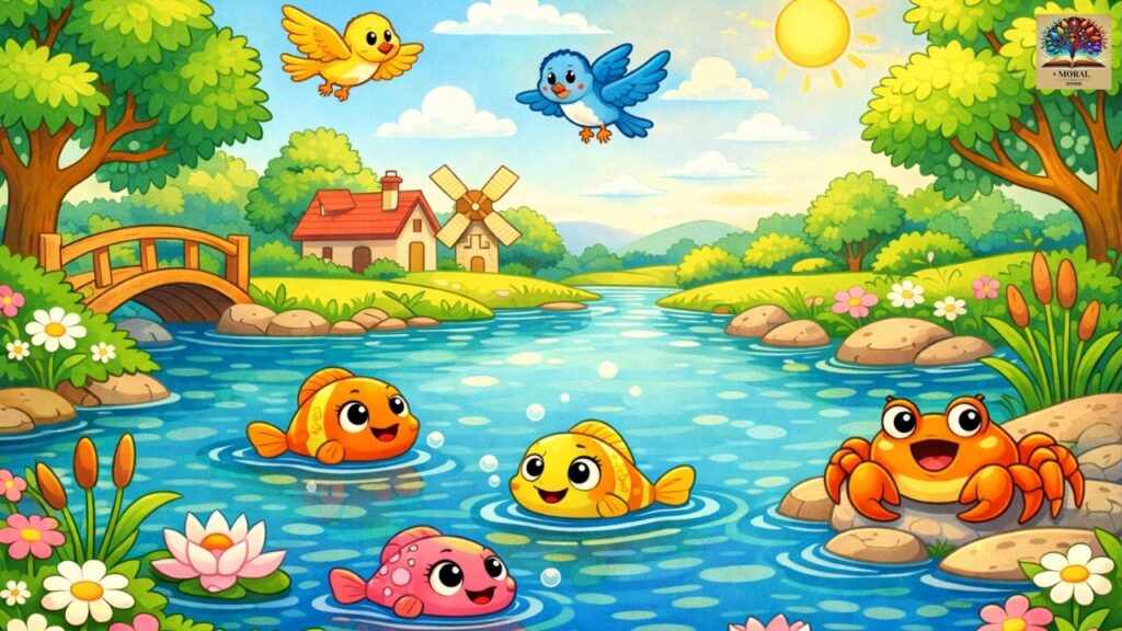 The-Crane-and-the-Crab-Story-in-English-–-happy-ending-with-peaceful-pond-smiling-fish-and-crab-1024x576 The Crane and the Crab Story in English – A Powerful Moral Lesson for Kids
