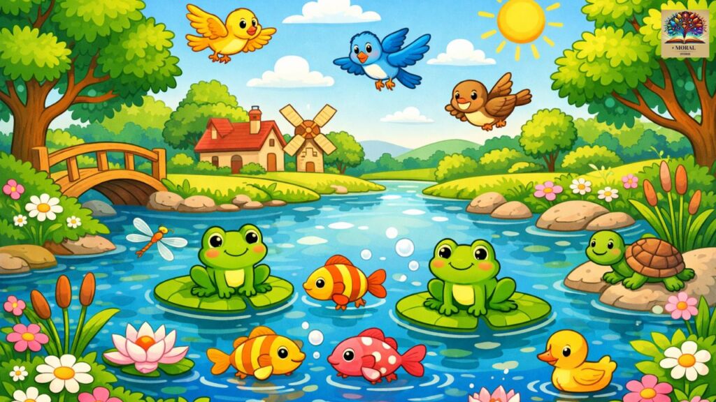 The-Crane-and-the-Crab-Story-in-English-–-peaceful-pond-scene-with-happy-fish-and-birds-1024x576 The Crane and the Crab Story in English – A Powerful Moral Lesson for Kids