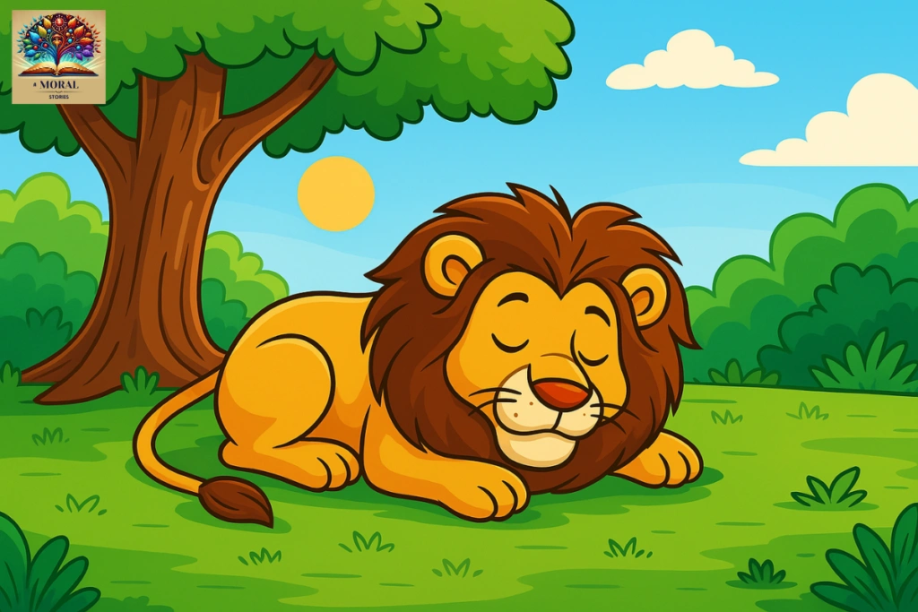 The-Lion-and-the-Mouse-story-scene-–-a-lion-sleeping-under-a-jungle-tree-peacefully-1024x683-2 The Lion and the Mouse Story with Moral – A Powerful Lesson About Kindness