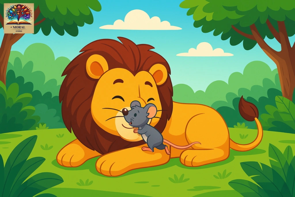 The-Lion-and-the-Mouse-tale-–-the-mouse-climbs-on-the-lions-nose-by-mistake-1024x683-3 The Lion and the Mouse Story with Moral – A Powerful Lesson About Kindness