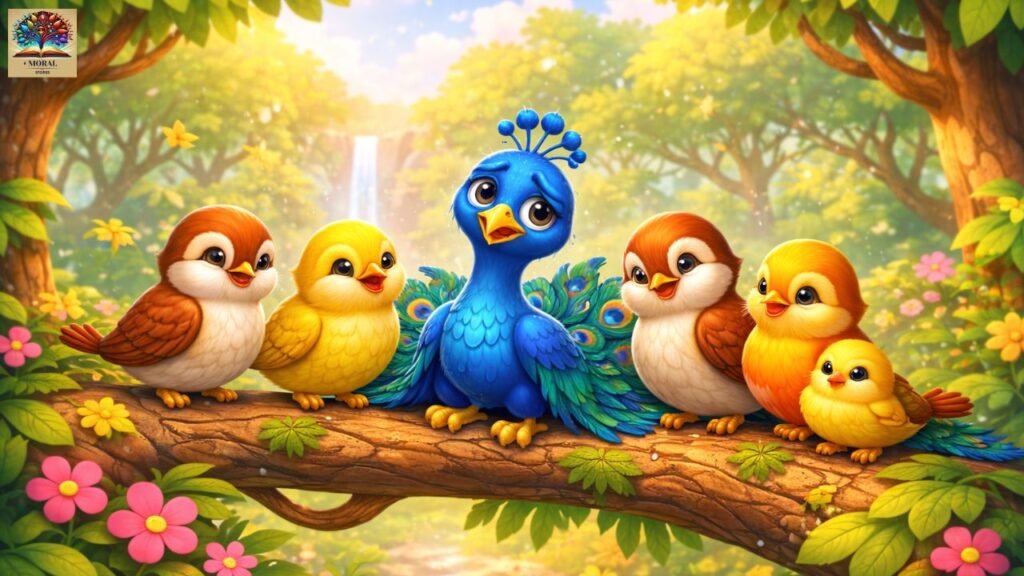 The-Proud-Peacock-and-the-Little-Birds-living-peacefully-after-learning-the-moral-lesson-1024x576 The Proud Peacock and the Little Birds – A Powerful Moral Story for Kids About Pride, Unity, and Humility