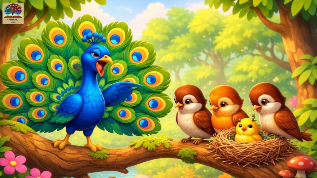 The-Proud-Peacock-mocking-the-little-birds-because-of-ego-and-pride-1024x576 The Proud Peacock and the Little Birds – A Powerful Moral Story for Kids About Pride, Unity, and Humility