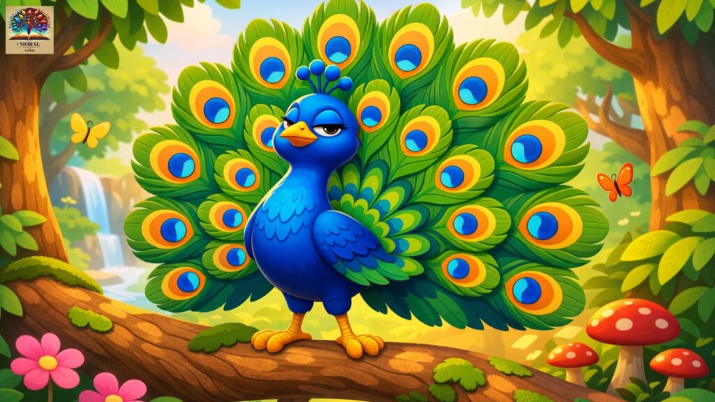 The-Proud-Peacock-standing-alone-in-a-forest-showing-pride-and-arrogance-1024x576 The Proud Peacock and the Little Birds – A Powerful Moral Story for Kids About Pride, Unity, and Humility