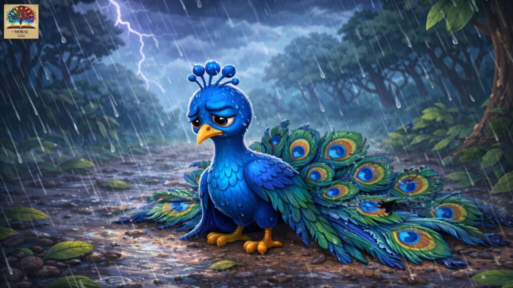 The-Proud-Peacock-suffering-alone-after-the-storm-due-to-arrogance-1024x576 The Proud Peacock and the Little Birds – A Powerful Moral Story for Kids About Pride, Unity, and Humility