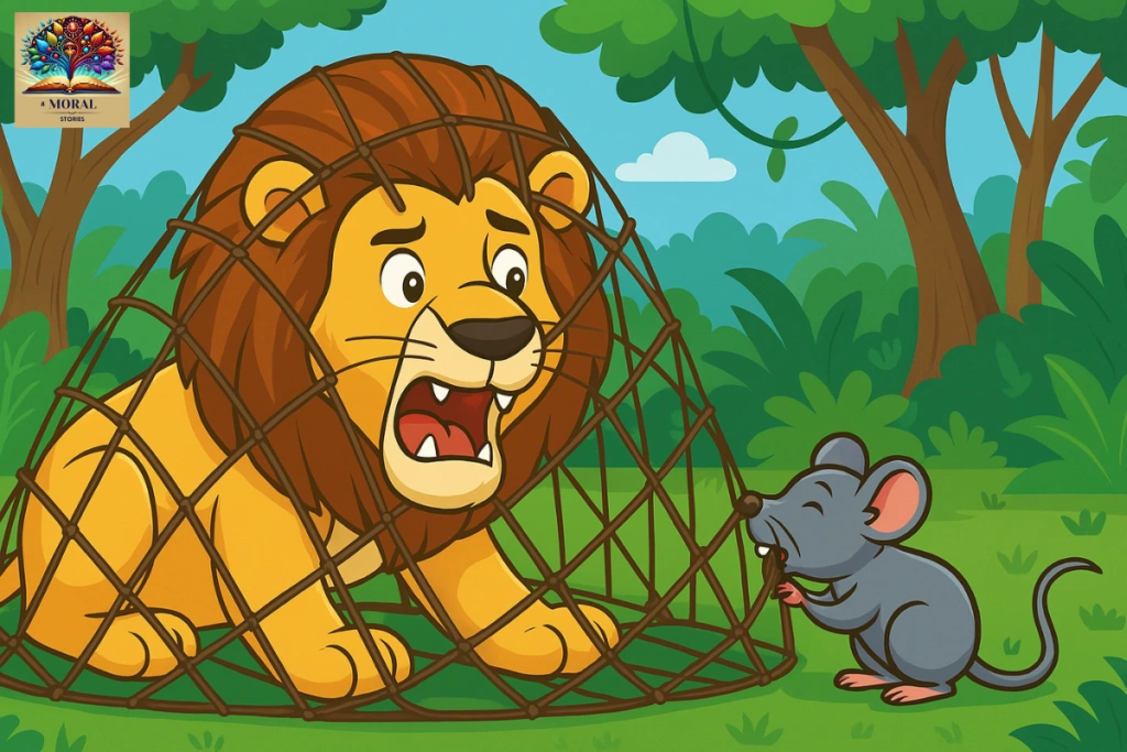 The-brave-mouse-saves-the-lion-by-chewing-the-net-–-The-Lion-and-the-Mouse-moral-1-1024x683-8 The Lion and the Mouse Story with Moral – A Powerful Lesson About Kindness