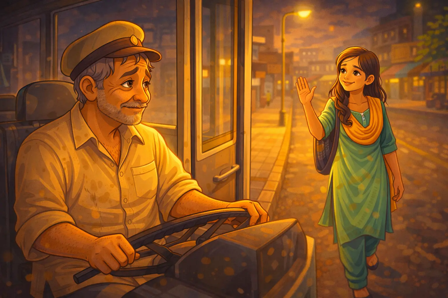 The bus driver who waited for one passenger every night stopping his bus at an empty bus stop as a woman steps down and waves at him, a vibrant cartoon-style kindness story scene.