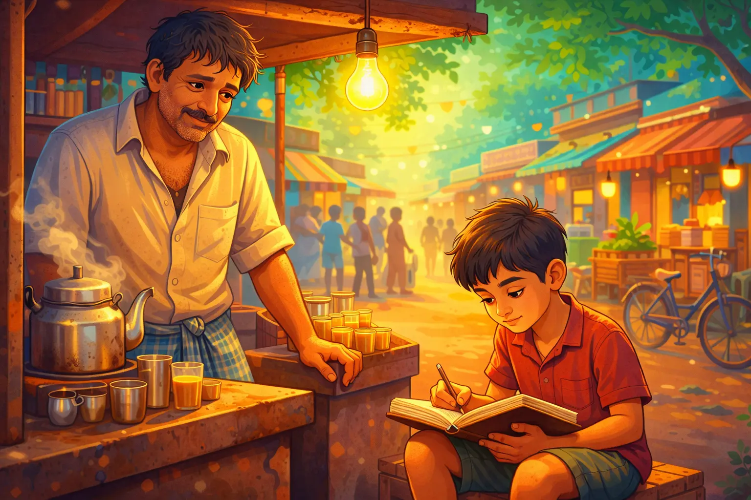 The chaiwala’s son who became an engineer studying at a roadside tea stall with his father, a vibrant cartoon-style inspirational Indian story scene.