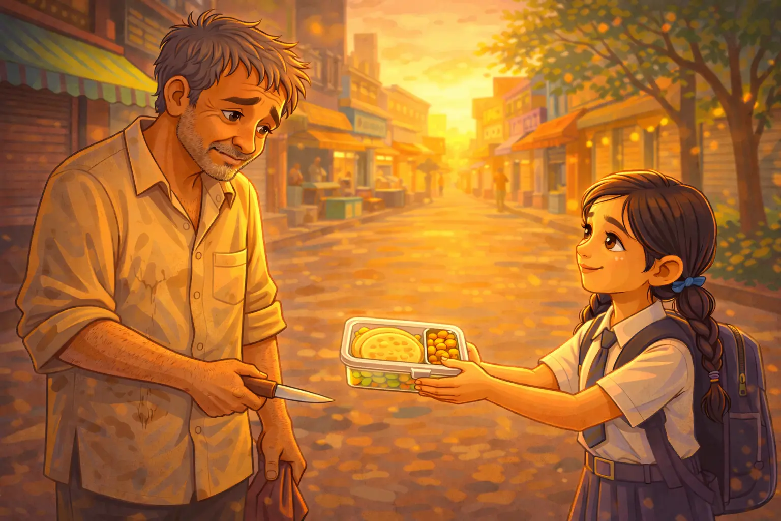 The girl who gave her lunch to a thief offering a lunchbox with roti and sabzi to a hungry man on a quiet street, a vibrant cartoon-style kindness story scene.