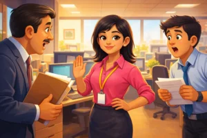 The girl who learned to say no confidently refusing extra work in an office while her boss and coworker look surprised, a vibrant cartoon-style motivational story scene.