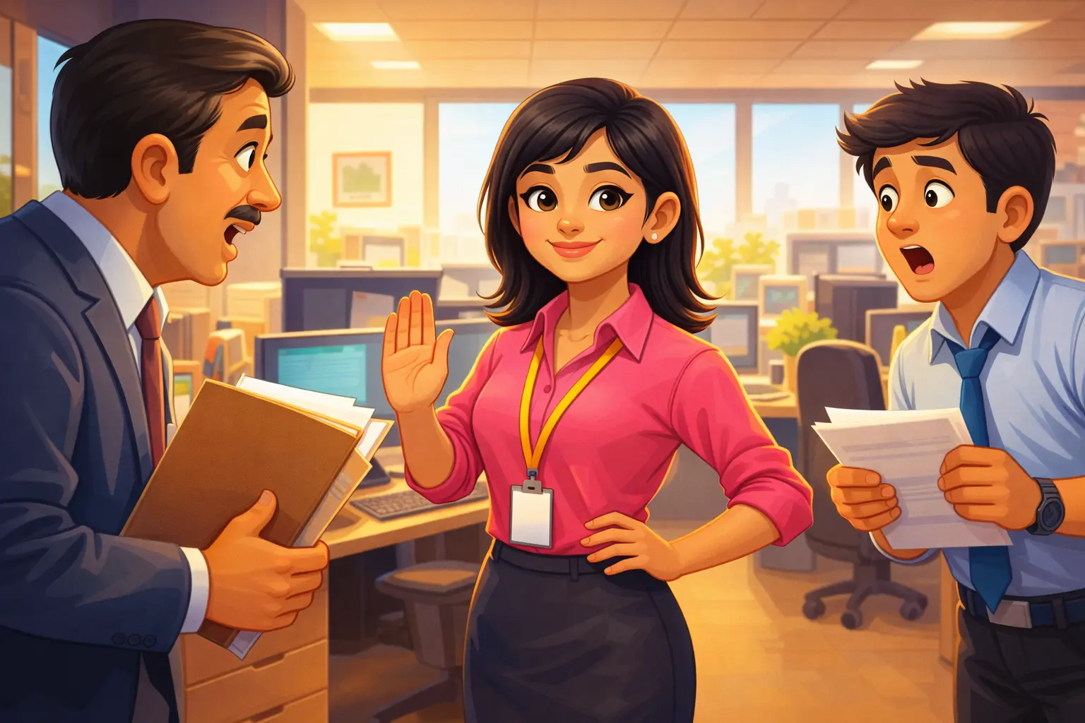 The girl who learned to say no confidently refusing extra work in an office while her boss and coworker look surprised, a vibrant cartoon-style motivational story scene.