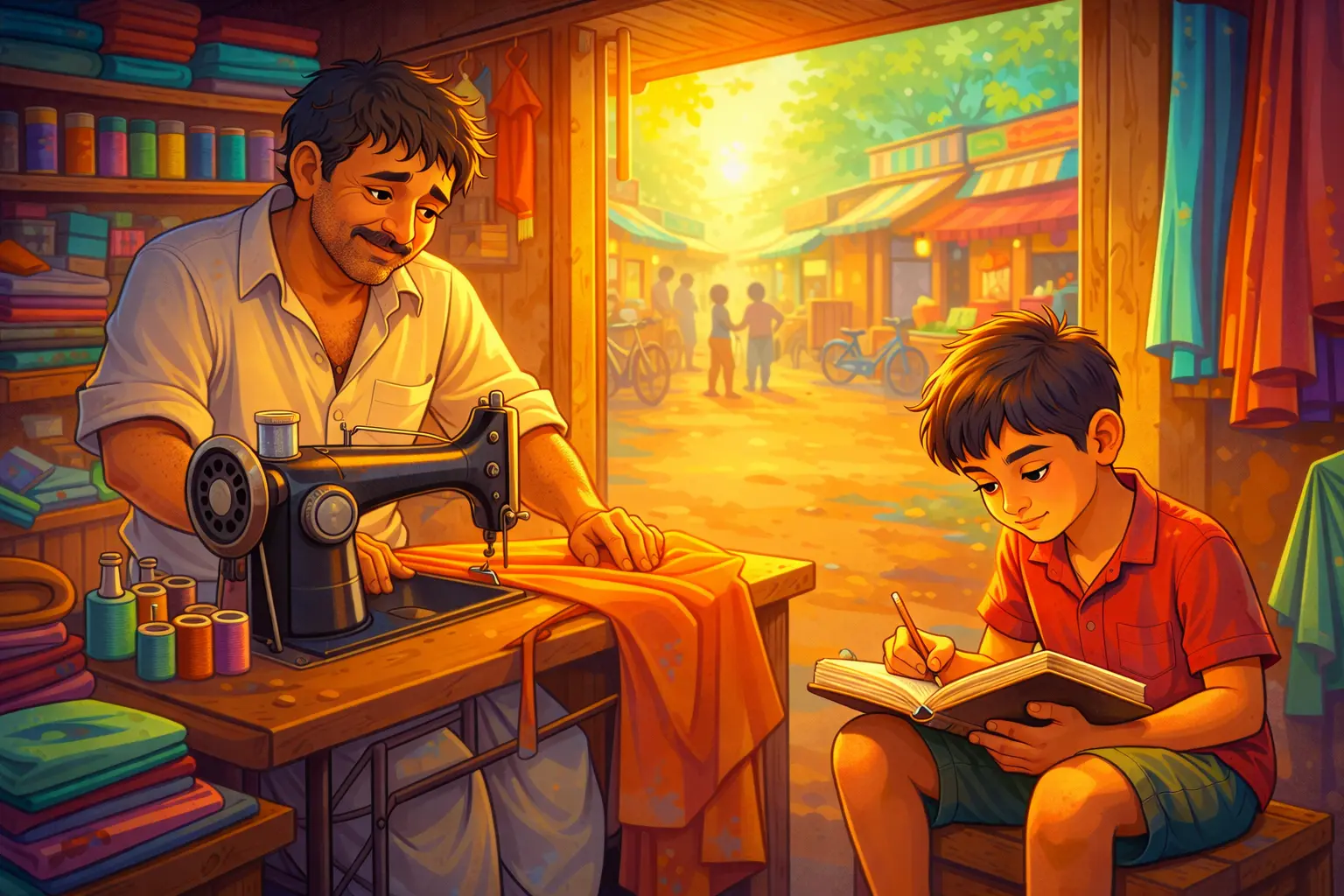 The tailor who sent his son to IIT studying beside his father at a small sewing shop, a vibrant cartoon-style inspirational Indian story scene.