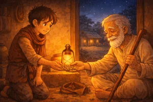 Thief returning stolen coins to a blind old man in a moral story illustration