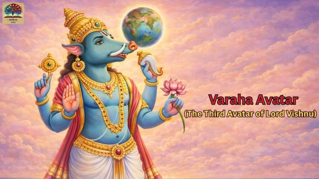 Varaha-Avatar-lifting-Mother-Earth-–-Dashavatara-Story-for-Kids-in-English-1024x576 Dashavatara Story for Kids in English: 10 Divine Avatars of Lord Vishnu with Powerful Moral Lessons