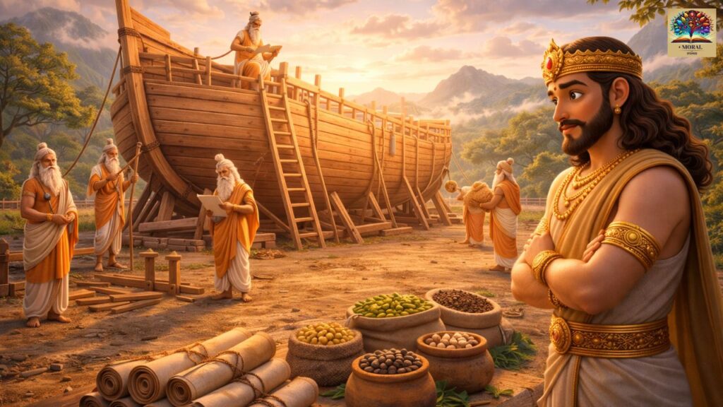 Why-Lord-Vishnu-Took-Matsya-Avatar-Ancient-boat-construction-with-sages-and-seeds-before-great-flood-1024x576 Why Lord Vishnu Took Matsya Avatar – The Complete Story of Protection, Wisdom & Dharma