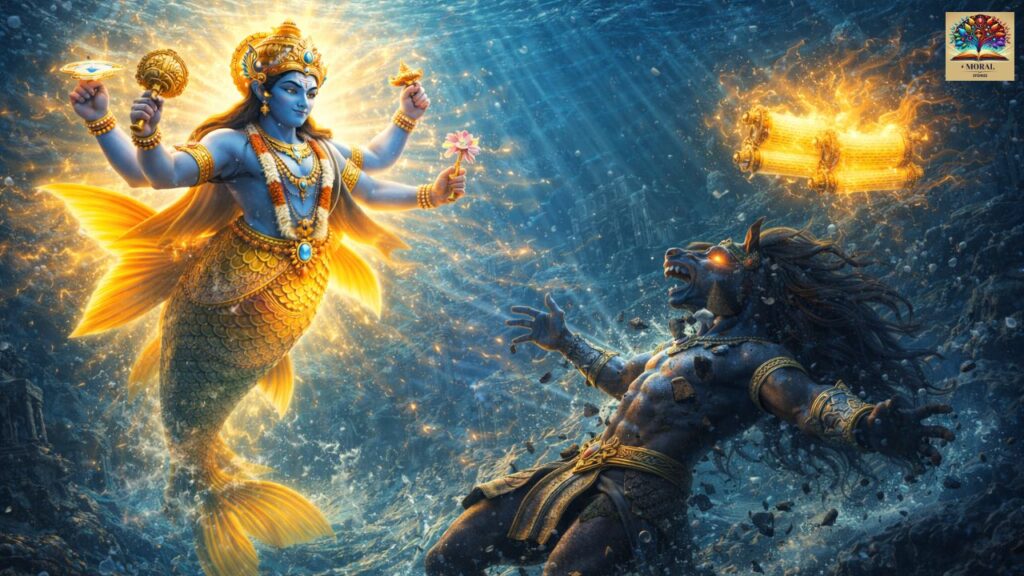 Why-Lord-Vishnu-Took-Matsya-Avatar-Matsya-Avatar-defeating-Hayagriva-underwater-restoring-sacred-Vedas-1024x576 Why Lord Vishnu Took Matsya Avatar – The Complete Story of Protection, Wisdom & Dharma