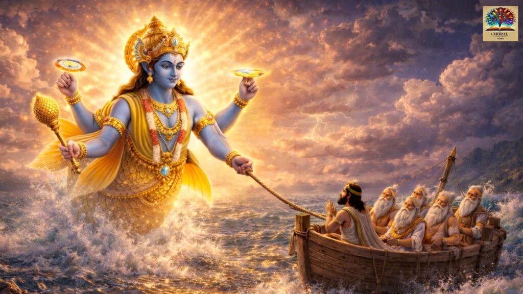 Why-Lord-Vishnu-Took-Matsya-Avatar-Matsya-Avatar-pulling-boat-with-sages-through-giant-flood-waves-1024x576 Why Lord Vishnu Took Matsya Avatar – The Complete Story of Protection, Wisdom & Dharma