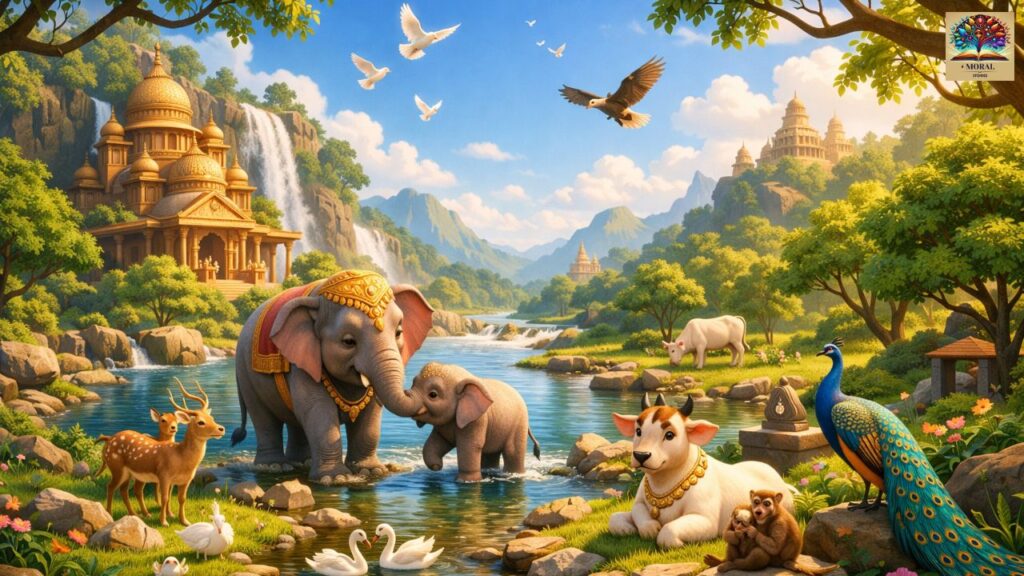 Why-Lord-Vishnu-Took-Matsya-Avatar-Peaceful-ancient-world-with-animals-rivers-forests-and-temples-living-in-harmony-before-Matsya-Avatar-1024x576 Why Lord Vishnu Took Matsya Avatar – The Complete Story of Protection, Wisdom & Dharma