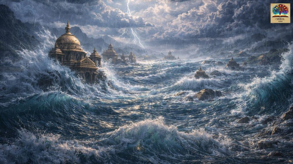 Why-Lord-Vishnu-Took-Matsya-Avatar-Violent-storm-and-flood-submerging-ancient-world-during-Mahapralaya-1024x576 Why Lord Vishnu Took Matsya Avatar – The Complete Story of Protection, Wisdom & Dharma