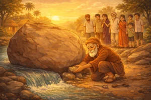 Wise old man using a small stone to move a large rock blocking a river in a moral story illustration