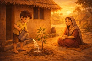 Young boy watering a small tree beside his sick mother’s hut in a moral story illustration