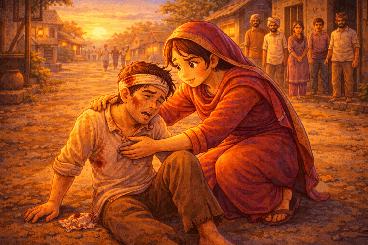 Young woman helping a weak injured man on a roadside in a moral story illustration about forgiveness