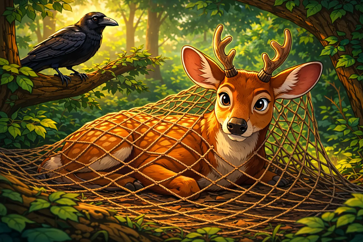 deer and hunter panchatantra story illustration showing clever escape