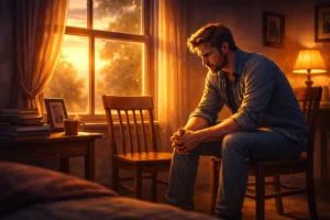 emotional life lesson story showing regret and realization in a quiet home