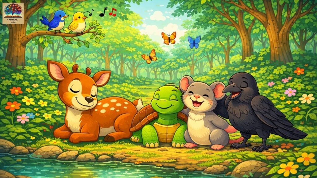 four-friends-animal-story-with-moral-happy-ending-forest-scene-1024x576 Powerful Life Lessons from Four Friends Animal Story with Moral | Best Kids Moral Story