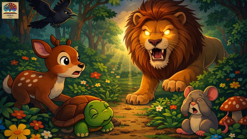 four-friends-animal-story-with-moral-lion-danger-scene-1024x576 Powerful Life Lessons from Four Friends Animal Story with Moral | Best Kids Moral Story