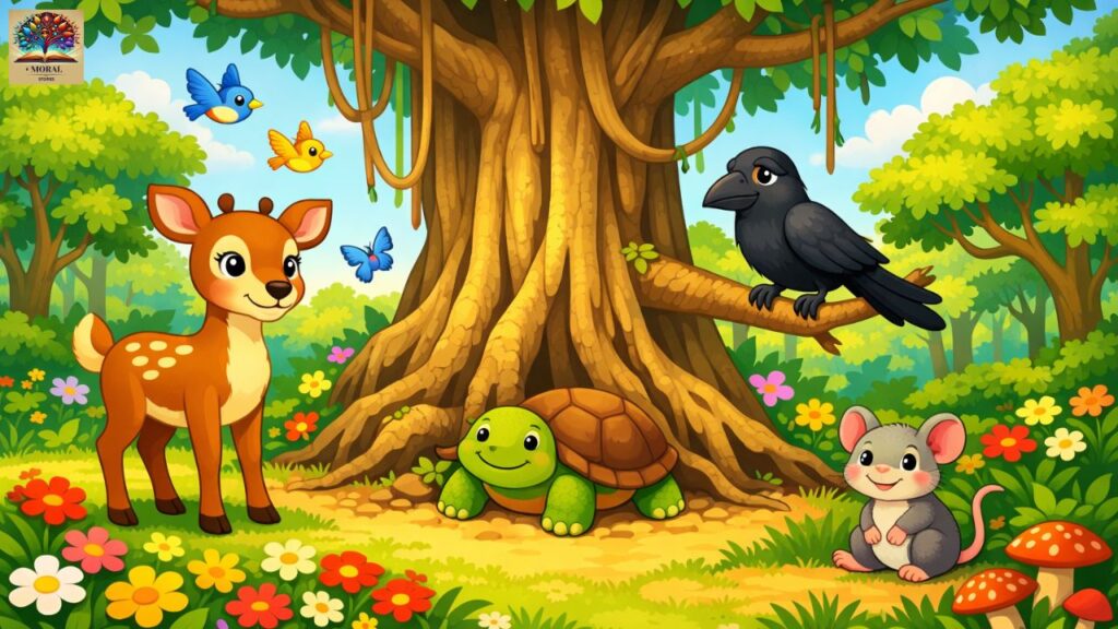four-friends-animal-story-with-moral-peaceful-forest-scene-1024x576 Powerful Life Lessons from Four Friends Animal Story with Moral | Best Kids Moral Story