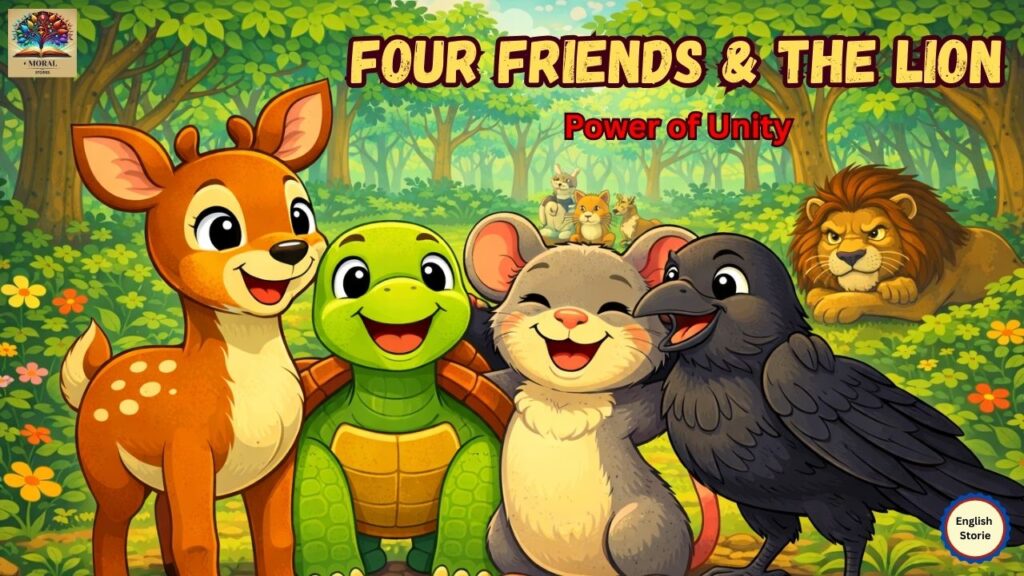 four-friends-animal-story-with-moral-thumbnail-illustration-1024x576 Powerful Life Lessons from Four Friends Animal Story with Moral | Best Kids Moral Story