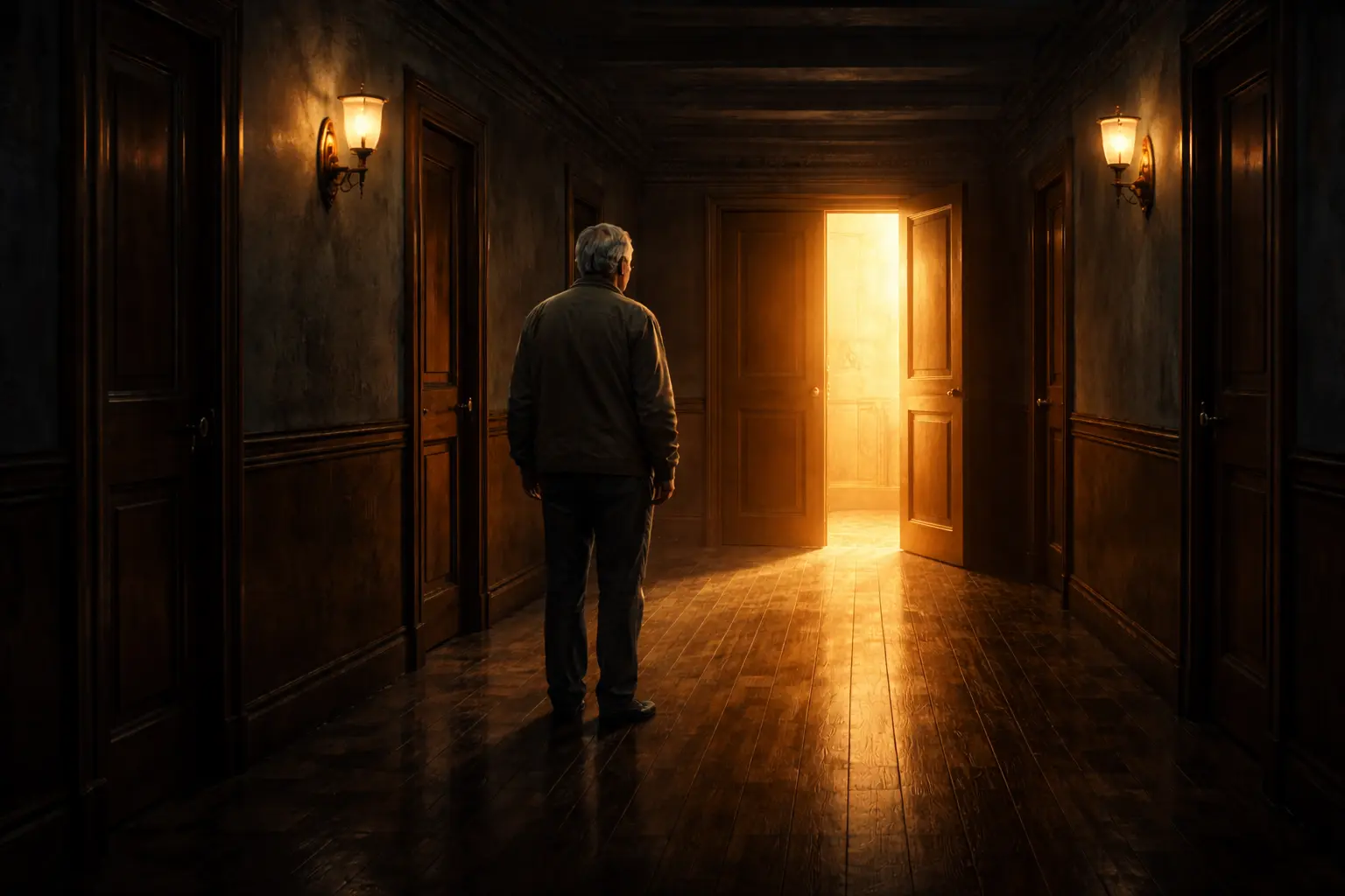 mystery twist short story showing a glowing door and an old man waiting patiently