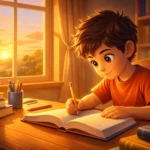A Boy Who Succeeded Through Consistency - Young boy studying early morning at a desk while sunlight enters through the window