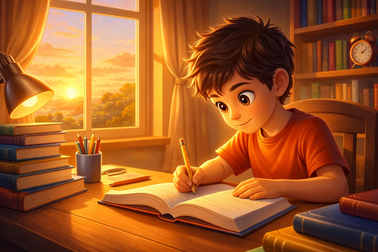 A Boy Who Succeeded Through Consistency - Young boy studying early morning at a desk while sunlight enters through the window
