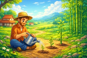 A Man Who Learned the Value of Patience waiting calmly as a bamboo plant slowly grows