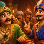 Akbar Asked for Proof of God story scene showing King Akbar shocked and Birbal smiling confidently in court