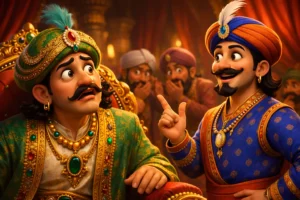 Akbar Asked for Proof of God story scene showing King Akbar shocked and Birbal smiling confidently in court