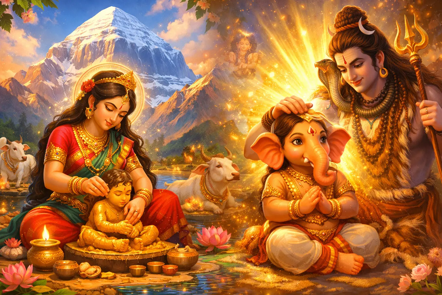 Birth of Lord Ganesha showing Parvati creating Ganesha and Shiva blessing him with an elephant head